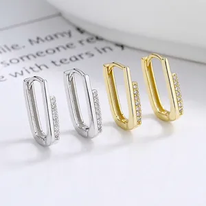 925 Sterling Silver U-Shape Hoop Earrings Geometric Rectangular Huggies Cubic Zirconia Row Inlaid Simple Jewelry For Women