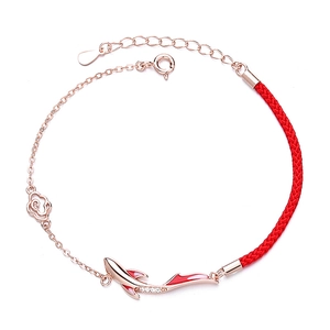 925 silver lucky koi fish bracelet with red woven cord and rose gold chain detail