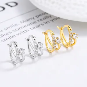 Boucles d'Oreilles Créoles en Argent Sterling 925 Pavé de Strass pour Femmes Minimaliste Géométrique Double Boucle Or Argent Mode