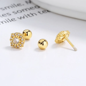 925 silver pave crystal screw back cartilage earrings with round sparkling zircons