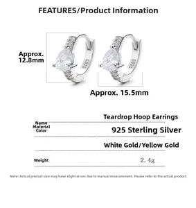 Detail showing 925 sterling silver S925 stamp on pear-shaped pavé hoop earrings