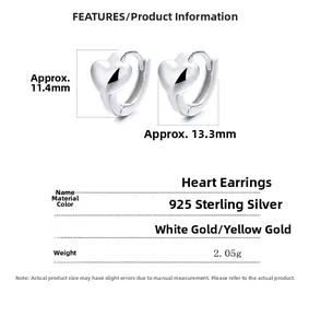 Dimensions détaillées des créoles cœur en argent sterling 925 avec fini poli