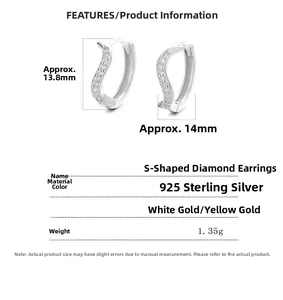 Detailed size specifications of S-shaped 925 sterling silver earrings with zircons