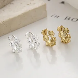 Exquisite 925 sterling silver rose flower hoop earrings in gold and silver finishes