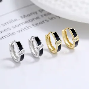 Boucles d'Oreilles Huggie Hoop en Argent Sterling 925 Émail Noir pour Femmes Minimaliste Zirconia Incrusté Plaqué Or Platine Bijoux Géométriques Cadeau