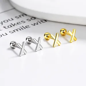 Boucles d'Oreilles Clous en Argent Sterling 925 Minimalistes Forme de X Alphabet Avec Fermoir à Vis Bijoux Femme