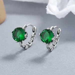 Vintage 925 Sterling Silver Emerald Green Rhinestone Hoop Earrings Minimalist Thai Silver Geometric Huggie Earrings For Women Jewelry