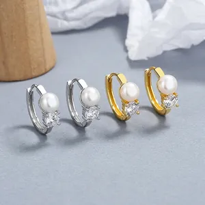 Boucles d'oreilles créoles en argent 925 avec perles et zircons en doré et argenté