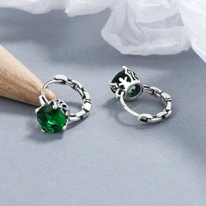 Retro 925 sterling silver hoop earrings with emerald zircon and vintage finish