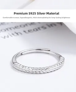 Macro detail of S925 sterling silver wheat ear pattern on adjustable open ring