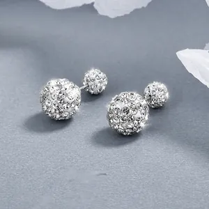 Boucles d'oreilles double boule Shamballa en argent S925 avec pavé de zircons blancs