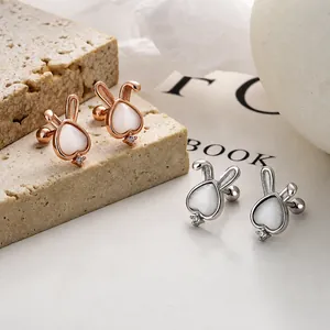 Cute 925 sterling silver rabbit earrings with cat eye stone in rose gold and silver