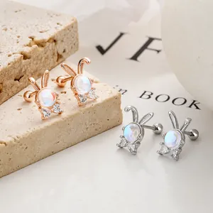 Cute 925 sterling silver bunny stud earrings with moonstone and bow zircon details