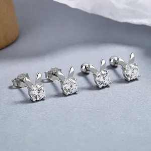 Minimalist 925 sterling silver rabbit stud earrings with sparkling cubic zirconia stone