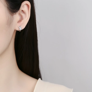 Minimalist 925 sterling silver rabbit hoop earrings with white opal cat eye stone