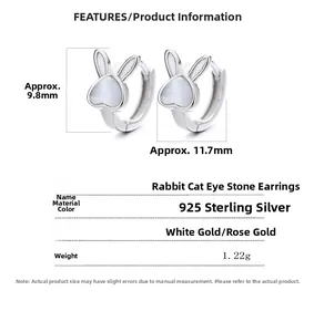Detailed view of 925 sterling silver rabbit earrings with cat eye stone dimensions