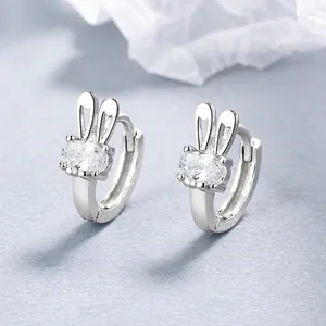 925 sterling silver bunny hoop earrings with sparkling oval zircon stones for women