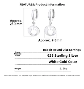 Detailed size specifications for 925 sterling silver hollow rabbit hoop earrings