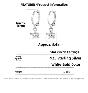 Détails des boucles d'oreilles étoile en argent 925 avec zircons, taille 18mm par 5,6mm