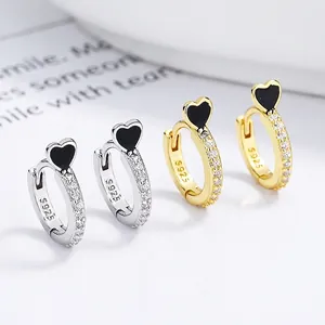 925 Sterling Silver Heart Hoop Earrings For Women Rhinestone Pave Black Enamel Heart Charm Huggie Earrings Simple Jewelry