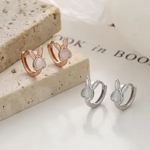 S925 Sterling Silver Rabbit Hoop Earrings For Women Cute Heart Artificial Cat's Eye Stone Rhinestone Earrings Jewelry Gift