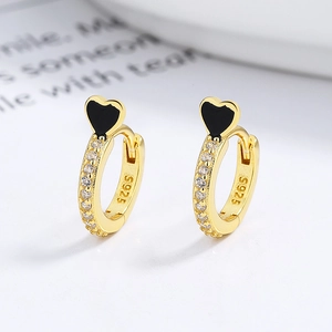 925 silver gold-plated heart hoop earrings with black enamel and sparkling zircons