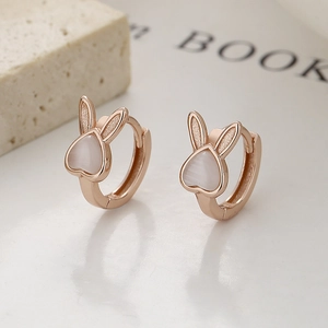 925 silver rose gold rabbit hoop earrings with heart-shaped opal stone in minimalist setting