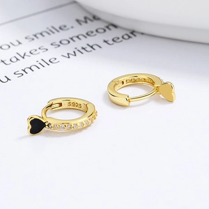 925 Sterling Silver Heart Hoop Earrings with zircon pave and black drip oil accents