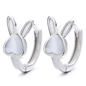 925 Sterling Silver rabbit earrings with white cat eye stones in a minimalist hoop design