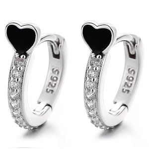 Elegant S925 sterling silver hoop earrings with black heart charms and pavé zircon stones
