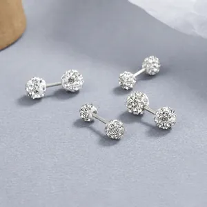 Boucles d'oreilles Shambhala en argent 925 avec double boule et cristaux blancs pavés