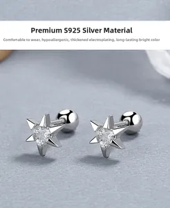 Macro detail of S925 sterling silver hexagram stud earrings with secure ball-back design