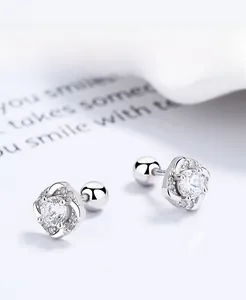 Detail of S925 silver square zircon stud earrings with secure screw back design