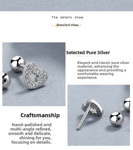 Detail showing 925 sterling silver heart stud earring with star cutout and cubic zirconia