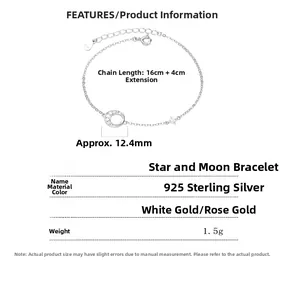 Spécifications du bracelet étoile et lune en argent 925 avec chaîne réglable de 16-20cm