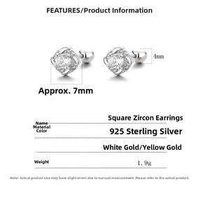 Detailed size specifications for square zircon earrings in 925 sterling silver