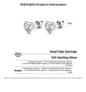 Detail of 925 sterling silver heart stud earring showing size specs and 4mm ball back