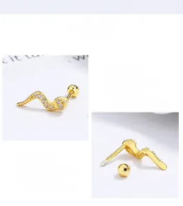 Detailed close-up of 925 sterling silver gold snake stud earring with zircon inlay