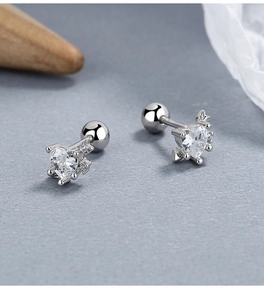 Detail of 925 silver heart stud earrings with clear zircon and screw ball backing