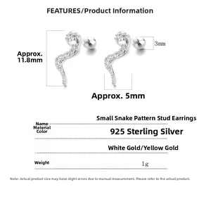 Size chart showing 925 sterling silver snake stud earrings dimensions and specifications