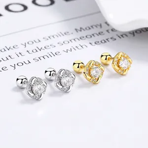 925 Sterling Silver Square Zirconia Screw Stud Earrings Minimalist Geometric Inlaid Piercing Ear Jewelry For Women