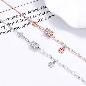 Bracelet En Argent Sterling 925 Pour Femmes Pendentif Cylindre Zircon Pièce Creuse Chaîne Trombone Asymétrique Bijoux