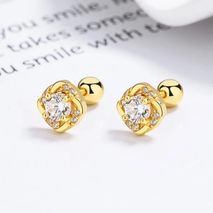 Golden 925 sterling silver square zircon stud earrings with screw-back closures