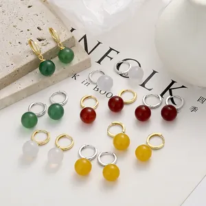 925 Sterling Silver Colored Agate Bead Hoop Earrings for Women Simple Ins Style Gold Silver Plated Agate Dangle Earrings Jewelry