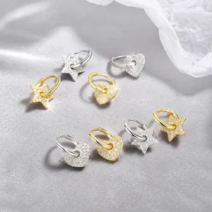 Orecchini a cerchio in argento 925 con ciondoli a cuore e stella e zirconi micro-pave