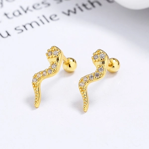 925 silver snake stud earrings with gold plating and cubic zirconia for ear cartilage