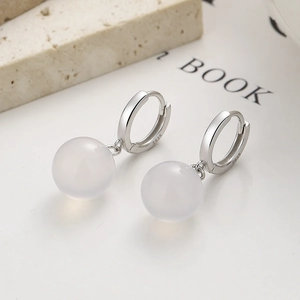 Minimalist 925 sterling silver hoop earrings with translucent white agate beads for women