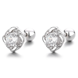 S925 sterling silver square zircon floral earrings with secure screw-back ball closure