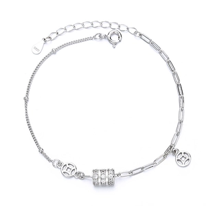 Bracelet en argent 925 avec cylindre pavé de zircons et pendentifs pièces de monnaie