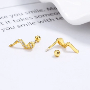 S925 sterling silver gold snake stud earrings with cubic zirconia and screw-back ball